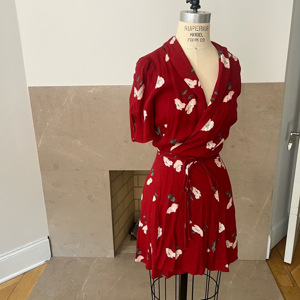 Elegant Red Floral Wrap Dress